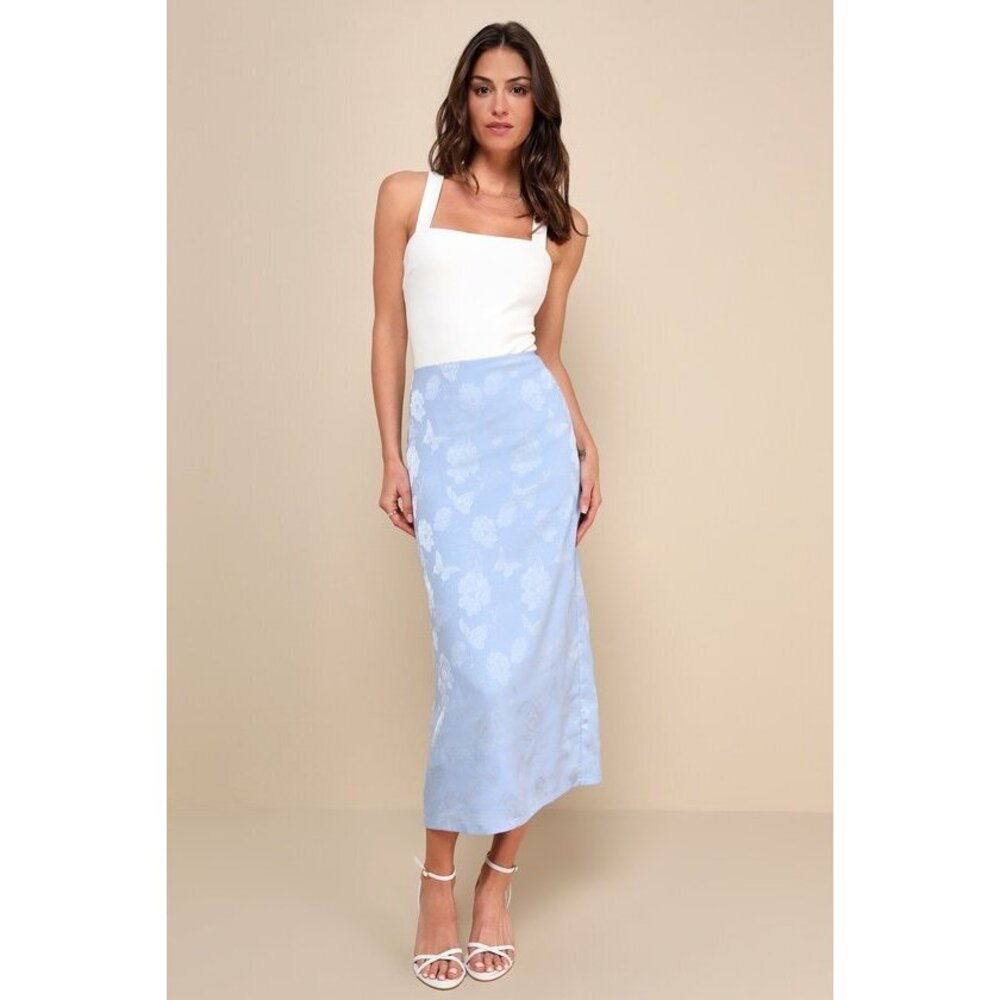 Lulus Delightful Approach Light Blue Floral Jacquard Midi Skirt - Size XS